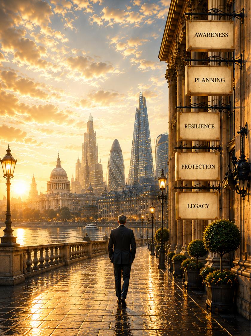 A man in a suit walks away from the camera along a wet riverside promenade towards the City of London at sunrise, with St Paul's Cathedral, the Gherkin and the Shard on the skyline. On the right, five signs hang from a stone building: Awareness, Planning, Resilience, Protection and Legacy.